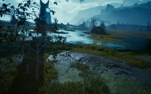 Misty blue marshland with a winding river, silhouetted trees and a distant fortress — Aion 2 video game HD PC desktop wallpaper and background.