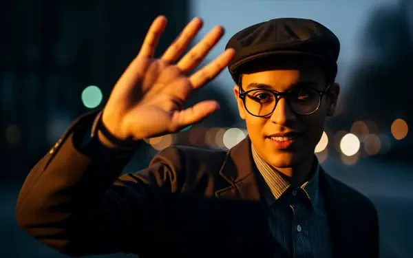Young man wearing glasses and a cap waving at the camera at dusk — 4K Ultra HD PC desktop wallpaper and background with warm bokeh city lights.