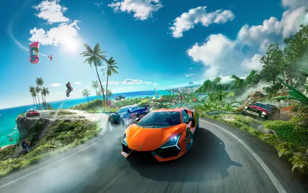 The Crew Motorfest video game HD PC desktop wallpaper and background: an orange supercar races a coastal road past palm trees, ocean cliffs and other cars under a bright blue sky.