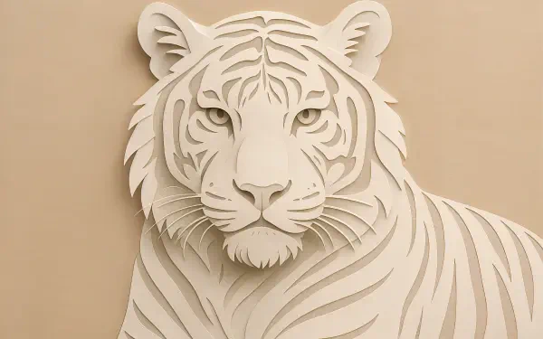 Paper-cut style white tiger portrait in warm beige tones, high-detail 4K Ultra HD PC desktop wallpaper and background.