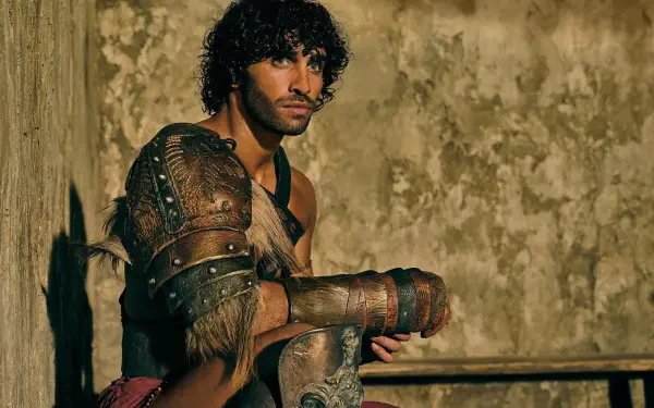 HD PC desktop wallpaper/background from the TV show Spartacus: House of Ashur — a leather-armored warrior with dark curls leaning against a weathered stone wall.