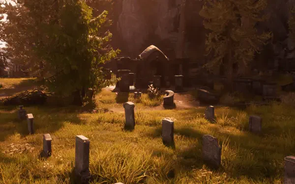 Video game screenshot from Ashes of Creation: sunlit, overgrown cemetery with scattered tombstones and a small mausoleum — 2K Quad HD PC desktop wallpaper.