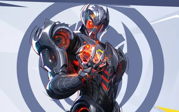 4K Ultra HD PC desktop wallpaper of Ultron from the Marvel Rivals video game, armored with a glowing red core and sleek metallic plating against a stylized circular backdrop.