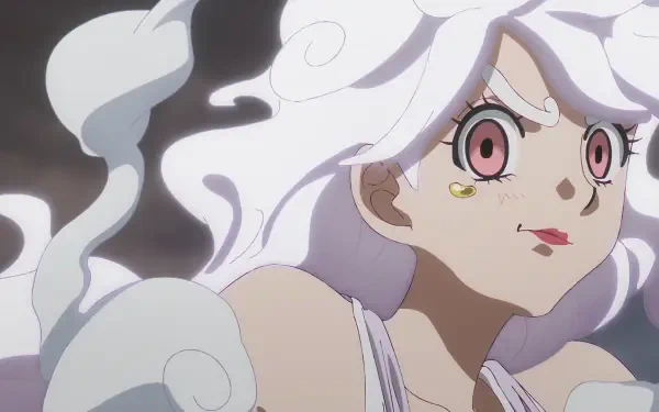 HD PC desktop wallpaper of One Piece anime character Jewelry Bonney in Gear 5: close-up with flowing white hair, pink eyes and a determined expression against a cloudy backdrop.