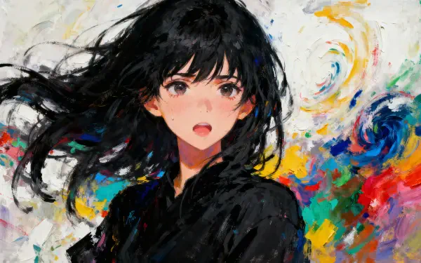 4K Ultra HD PC desktop wallpaper and background — vibrant painted portrait of a black-haired anime girl in a dark coat, set against swirling multicolor brushstrokes.