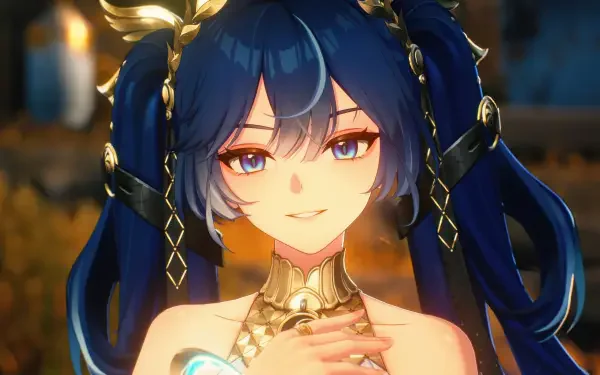 4K Ultra HD PC wallpaper of Iuno from the video game Wuthering Waves — close-up portrait with blue eyes, twin-tailed blue hair, ornate gold jewelry, and a warm candlelit background.