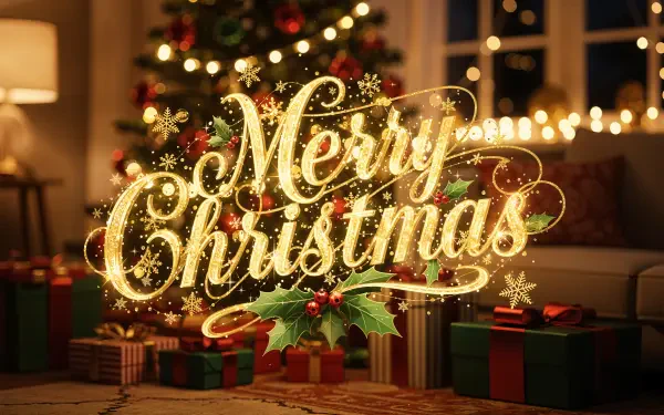 Merry Christmas gold script over a cozy living room with decorated tree, wrapped gifts and twinkling lights, 4K Ultra HD PC desktop wallpaper background