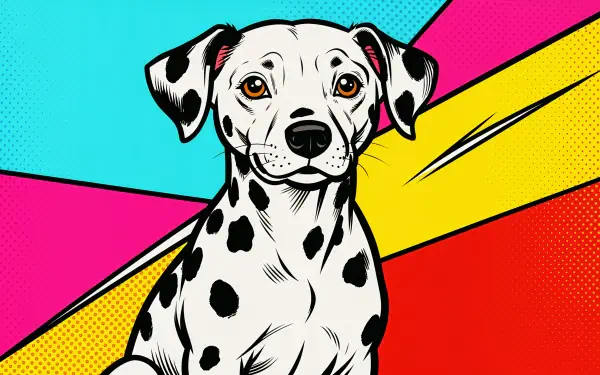 Pop-art 4K Ultra HD PC desktop wallpaper of a friendly Dalmatian against bold cyan, pink, yellow and red geometric background.