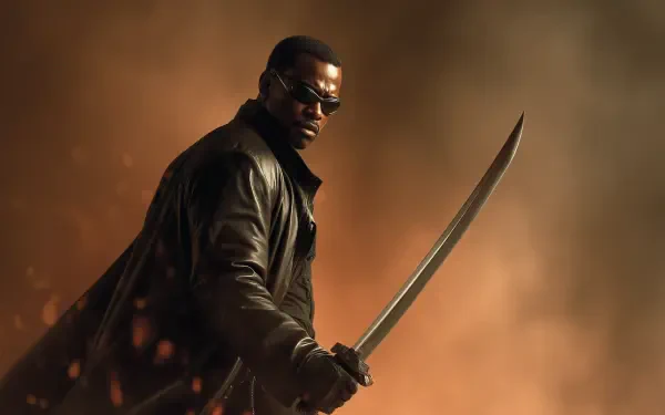 2K Quad HD movie wallpaper: leather-clad Blade holding a katana, smoke and embers glowing against a dark orange backdrop.