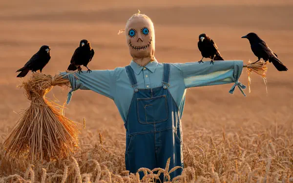 4K Ultra HD PC desktop wallpaper and background: stitched-face scarecrow in blue overalls stands in a golden wheat field with three black crows perched on its outstretched arms.