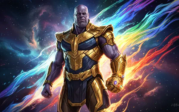 Thanos in gold armor with a glowing Infinity Gauntlet stands before a cosmic nebula and rainbow energy streaks — 4K Ultra HD PC desktop wallpaper/background.