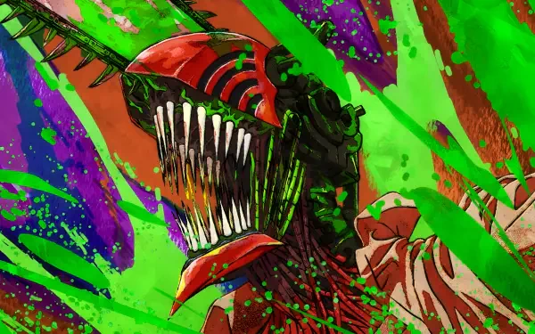 Chainsaw Man Denji in berserk chainsaw form, roaring with blade head and jagged teeth amid neon green and purple splatters — anime 2K Quad HD PC desktop wallpaper and background.