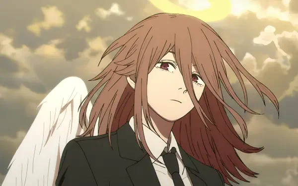 Anime 2K Quad HD PC desktop wallpaper and background: Angel Devil from Chainsaw Man, in a suit with white wings and wind-tousled hair against a dramatic cloudy sky.