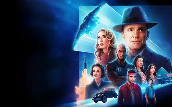 Agents of S.H.I.E.L.D. 4K Ultra HD PC desktop wallpaper: blue-toned collage of ensemble agents, rocket launch, vintage car and futuristic tech motifs.