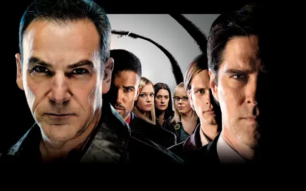 Criminal Minds 4K Ultra HD PC desktop wallpaper and background: close-up of stern team members lined across a high-contrast spiral backdrop.