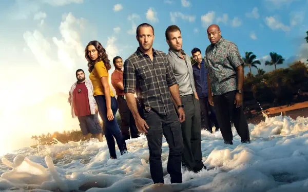 Hawaii Five-0 4K Ultra HD PC Desktop Wallpaper and Background — six characters stride through foamy surf toward the camera with palm trees and a golden sunset sky.