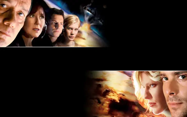 Battlestar Galactica (2003) 4K Ultra HD PC wallpaper: banner of character faces with starfield and fiery nebula, wide black central space.
