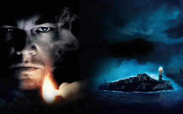 Shutter Island 4K Ultra HD PC desktop wallpaper and background: half-lit intense male face with a flame on the left, stormy night sea and a distant lighthouse island on the right.