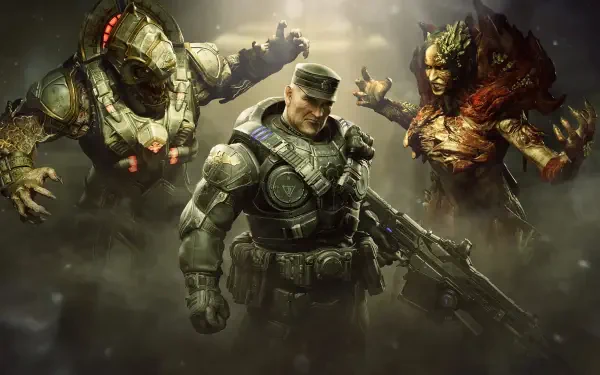 Gears 5 5K Ultra HD PC desktop wallpaper and background: armored soldier with rifle stands amid smoke, flanked by two monstrous Locust creatures under dramatic cinematic lighting.