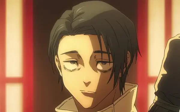 HD PC desktop wallpaper of Yuta Okkotsu from Jujutsu Kaisen: Execution — close-up portrait with a relaxed half-smile, soft warm lighting and red window panels blurred in the background.