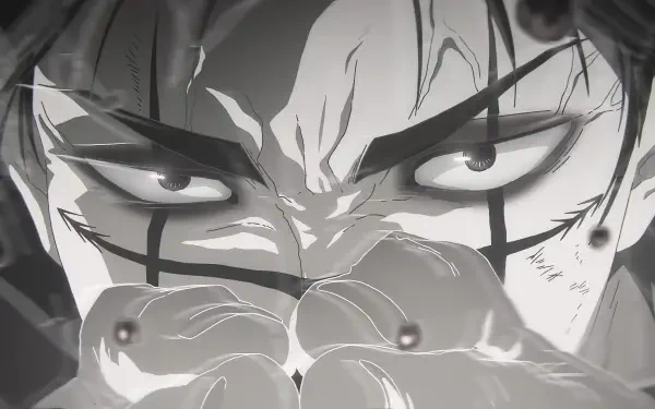 Close-up anime HD PC desktop wallpaper of Choso from Jujutsu Kaisen: Execution — intense monochrome glare, marked face and clasped hands, dramatic background.