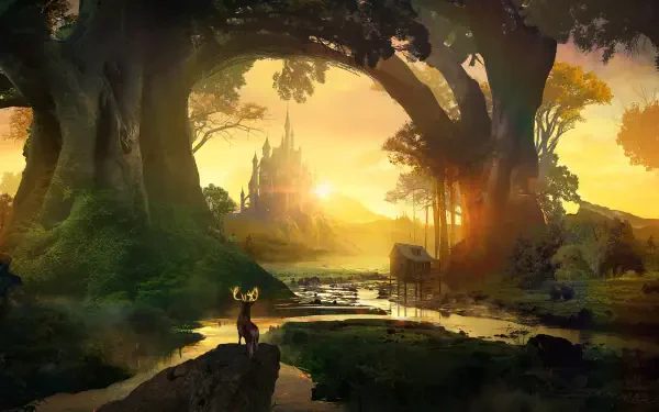 Artistic fantasy landscape 2K Quad HD PC desktop wallpaper: a lone deer by a stream beneath ancient trees, golden light on a distant castle.