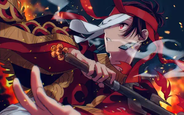 4K anime Christmas desktop wallpaper: Tanjiro Kamado (Demon Slayer) in a red headband, gripping his sword amid embers, snowflakes and festive ornaments.