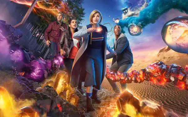 Doctor Who (2023) 4K Ultra HD PC wallpaper: the Doctor and companions stand in a vivid alien landscape with glowing crystals, planets and a swirling time vortex.