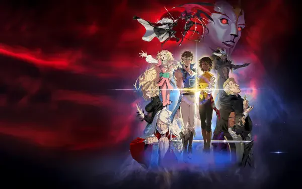 Castlevania: Nocturne HD PC desktop wallpaper showing a band of protagonists and allies standing united while a giant vampire face looms above against a swirling red and blue backdrop.