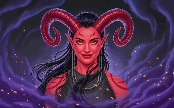 Tiefling 4K Ultra HD PC wallpaper: red-skinned horned woman with long black hair, curled ram horns, glowing eyes and purple smoke swirling around her.
