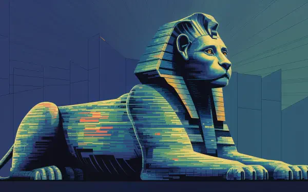 Stylized neon-striped sphinx in teal and gold against a geometric cityscape — 4K Ultra HD PC desktop wallpaper and background.