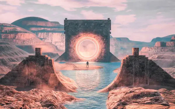 4K Ultra HD PC desktop wallpaper of a lone man standing before a glowing circular portal in a sci-fi fantasy canyon landscape.