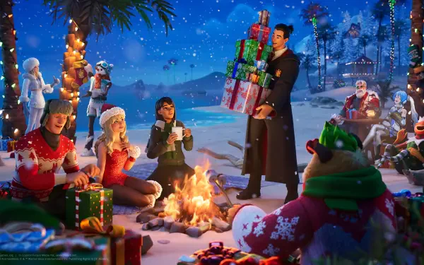 HD PC desktop wallpaper/background: Fortnite video game Christmas scene — characters on a snowy beach around a bonfire, exchanging presents beneath palm trees wrapped in festive lights.