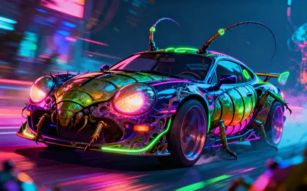 4K Ultra HD PC Desktop Wallpaper and Background: neon cyberpunk sports car with beetle-like armored shell and glowing accents speeding through rain-slick futuristic city streets.