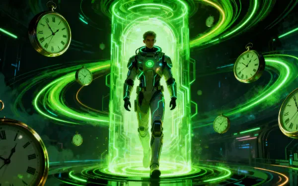 Time Travel 4K Ultra HD PC desktop wallpaper: armored traveler emerges from a glowing green time portal amid floating clocks and swirling temporal energy.