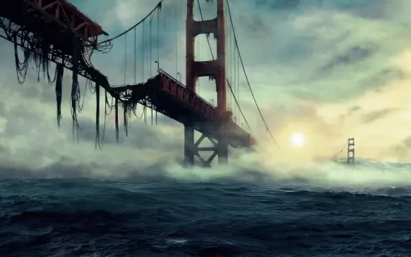 Greenland 2: Migration — 5K Ultra HD PC desktop wallpaper and background: a ruined suspension bridge looms from stormy sea mist at dawn, tattered cables and seaweed trailing into the waves.