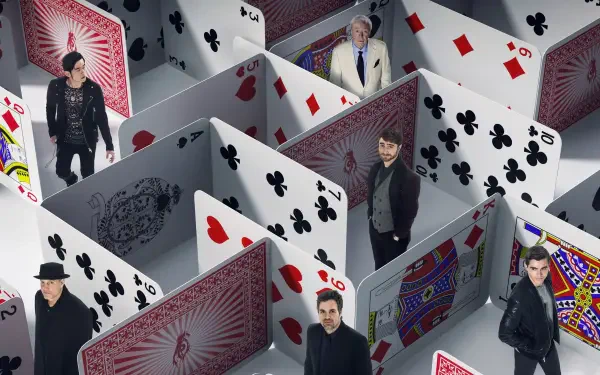 Now You See Me 2 4K Ultra HD PC wallpaper: maze of oversized playing cards with figures moving through corridors, dramatic lighting and bold red‑and‑black suit motifs.
