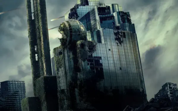 Greenland 2: Migration 5K Ultra HD PC Desktop Wallpaper and Background — crumbling, overgrown skyscraper amid stormy clouds in a bleak, post-apocalyptic cityscape.