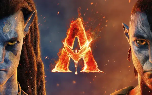 Avatar: Fire and Ash 5K Ultra HD PC desktop wallpaper/background — two blue Na'vi faces flank a burning 'A' emblem amid ash, sparks, and embers.
