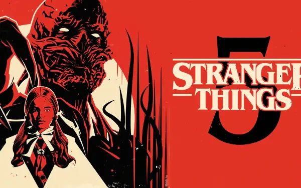 Stranger Things 5 graphic in red and black: monstrous face, silhouetted female figure and tentacle-like shapes — 8K Ultra HD PC desktop wallpaper and background.