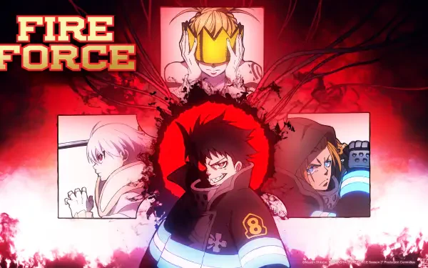 Fire Force 4K Ultra HD PC desktop wallpaper — three firefighters in gear against a red, fiery backdrop; central grinning protagonist framed by a burning cross with the series logo.