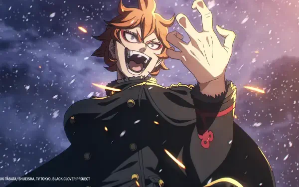 Anime HD PC desktop wallpaper of Black Clover's Mereoleona Vermillion roaring defiantly, flames and embers swirling around her as she raises a hand against a stormy, snowy sky.