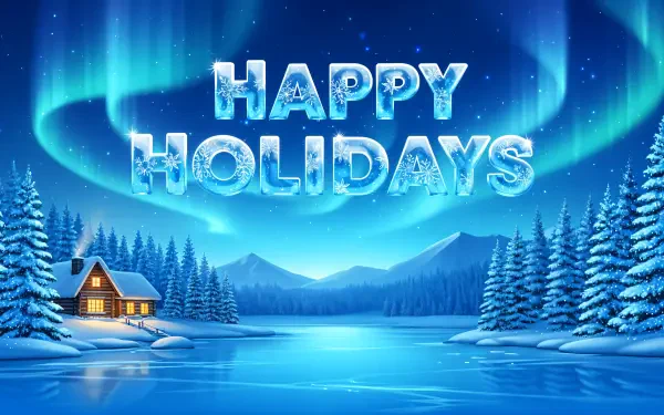 Happy Holidays in icy letters over a 4K Ultra HD PC desktop wallpaper of a snowy cabin by a frozen lake, pine trees and a glowing aurora borealis.