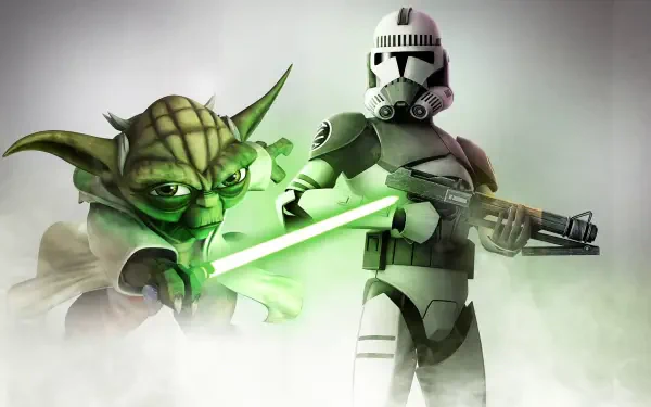 HD PC desktop wallpaper: Star Wars: The Clone Wars (2008) — Yoda with a green lightsaber standing beside a helmeted Clone Trooper emerging from mist.