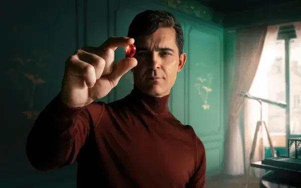 2K Quad HD PC wallpaper: Berlin (La Casa De Papel) portrait — stern man in a burgundy turtleneck holding a small red sphere in a moody green-lit room.