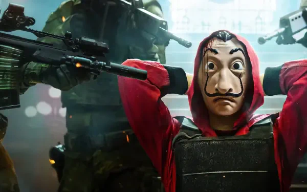 Money Heist HD PC desktop wallpaper: Dalí-masked figure in red hooded suit with hands behind head, flanked by armed soldiers in tactical gear.