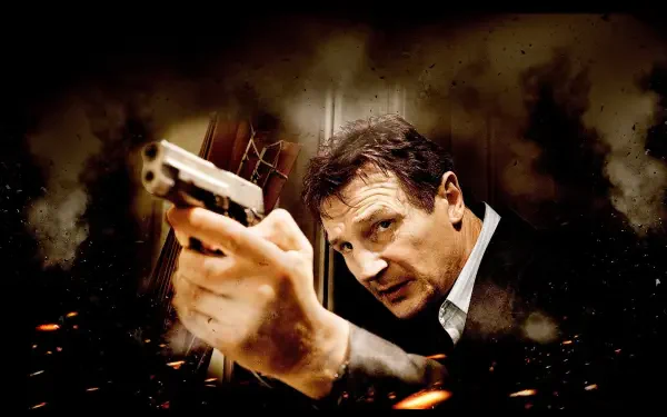 Taken HD PC desktop wallpaper and background: intense close-up of a man aiming a handgun amid smoke, sparks and a dark, gritty atmosphere.