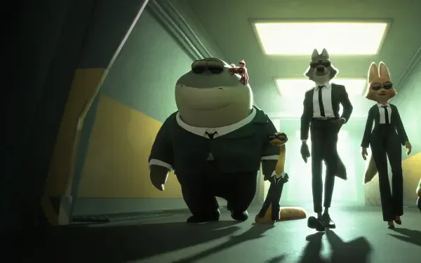 The Bad Guys 2 4K Ultra HD PC desktop wallpaper and background: three suit-clad anthropomorphic animals—stocky, tall wolf-like figure, and rabbit—stride down a dim, fluorescent corridor.