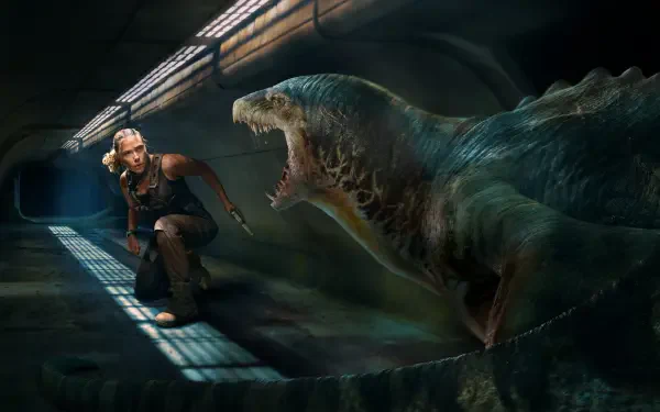 Jurassic World Rebirth 4K Ultra HD PC desktop wallpaper/background: a crouching explorer faces a roaring aquatic dinosaur emerging in a dark, industrial tunnel.