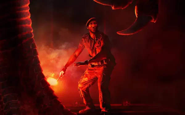 Jurassic World Rebirth 4K Ultra HD PC desktop wallpaper: ranger with a red flare confronting massive dinosaur claws amid smoky, cinematic red lighting